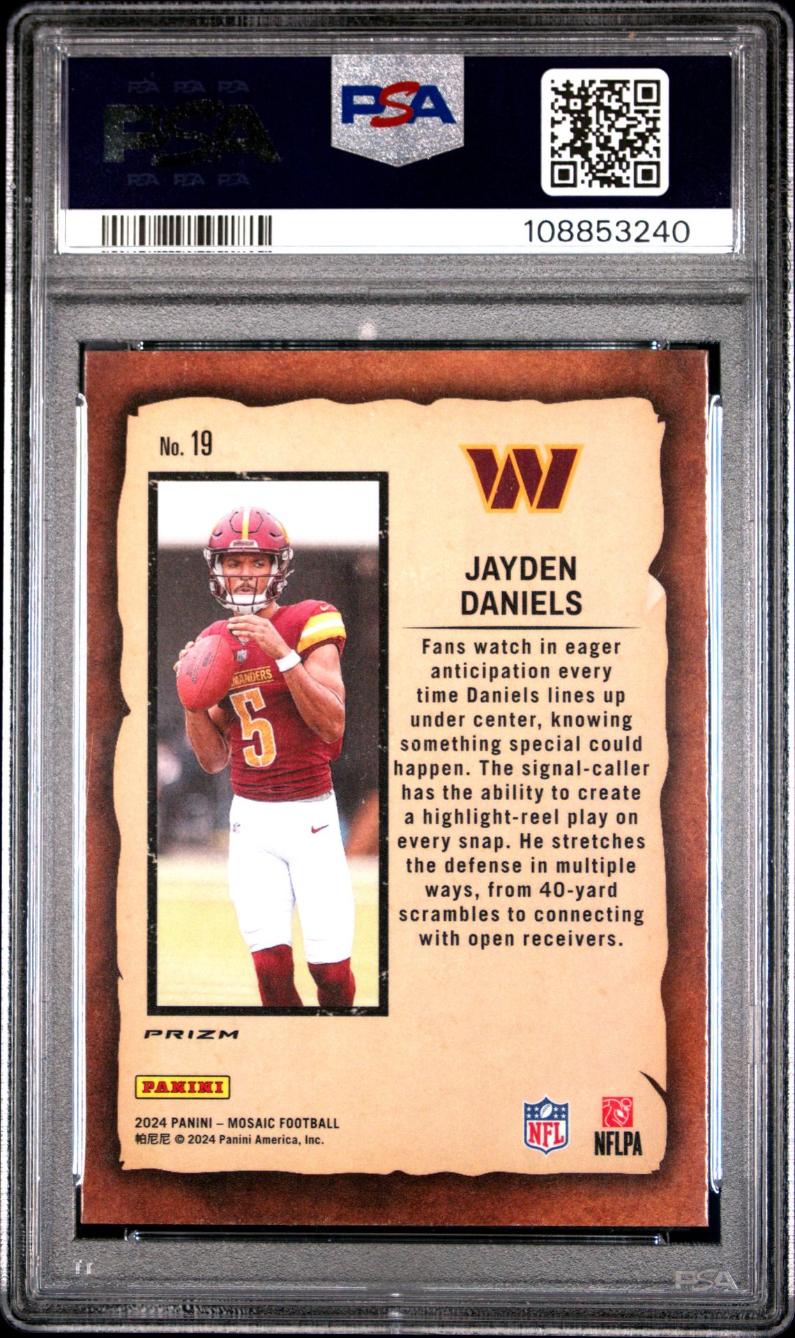 2024 Panini Mosaic Notoriety Jayden Daniels #19 (Notoriety-Green) Gem Mt 10 back