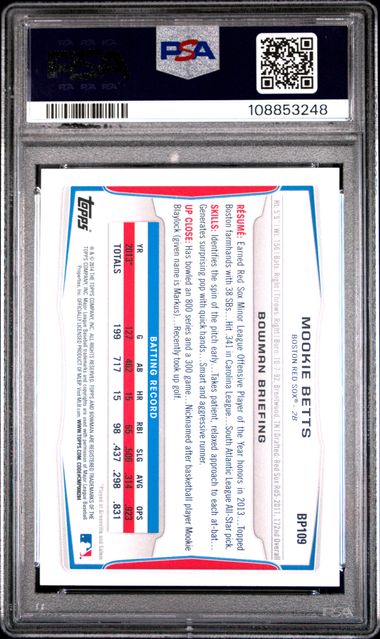 2014 Bowman Prospects Mookie Betts #Bp109 Gem Mt 10 back