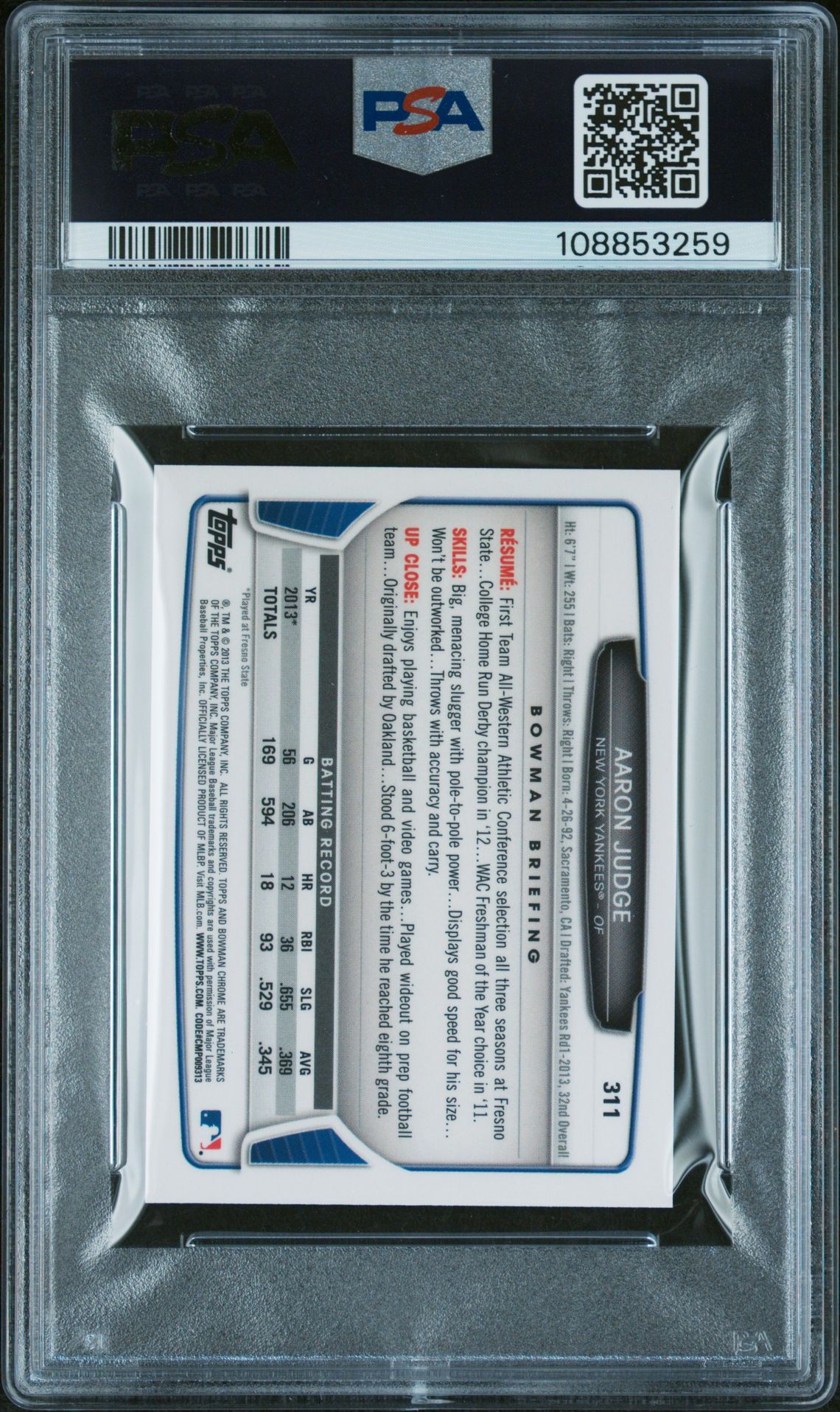 2013 Bowman Chrome Mini Aaron Judge #311 (Mini) Gem Mt 10 back