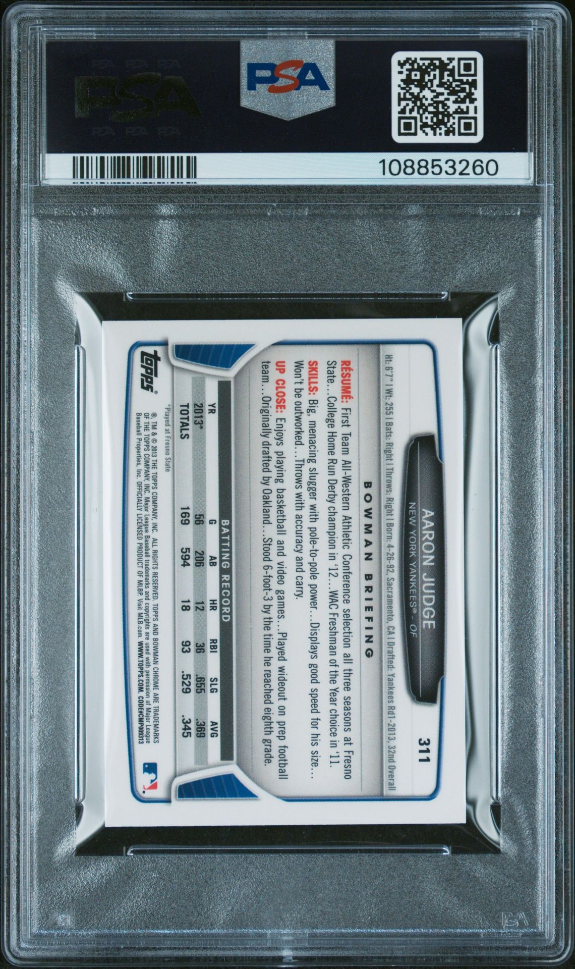 2013 Bowman Chrome Mini Aaron Judge #311 (Mini) Gem Mt 10 back