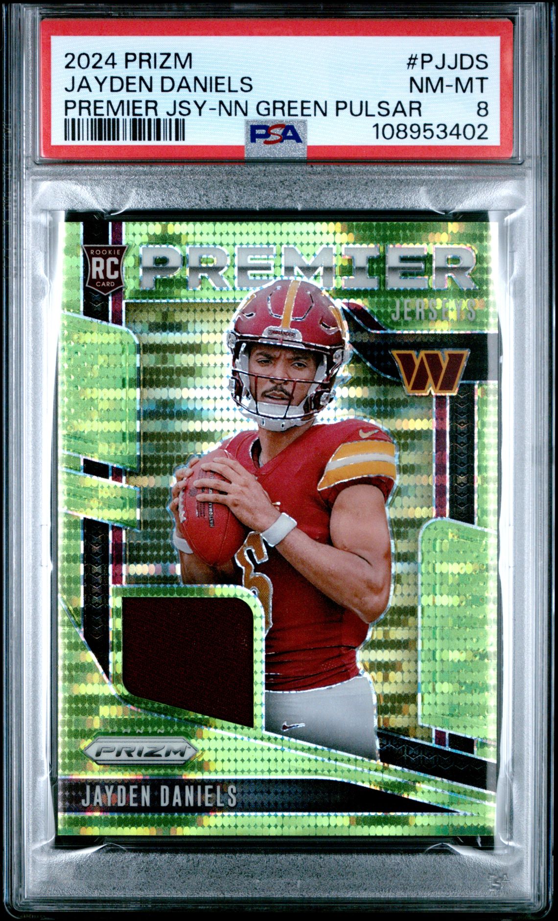 2024 Panini PANINI PRIZM PREMIER JERSEYS PREMIER JSY-NN GREEN PULSAR #PJJDS Jayden Daniels front