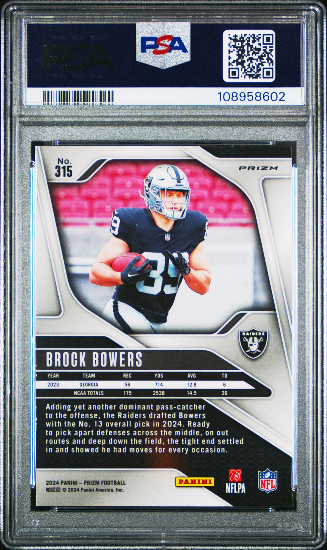 2024 Panini Prizm Brock Bowers #315 (Red/White/Blue Prizm) Gem Mt 10 back