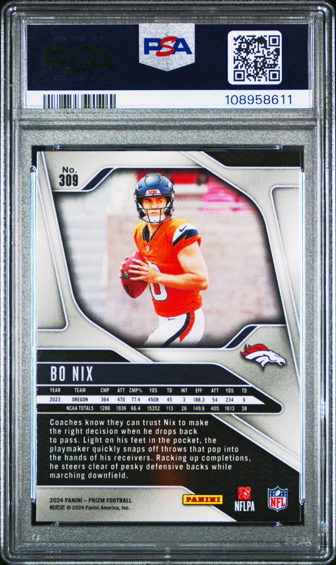 2024 Panini Prizm Bo Nix #309 Gem Mt 10 back