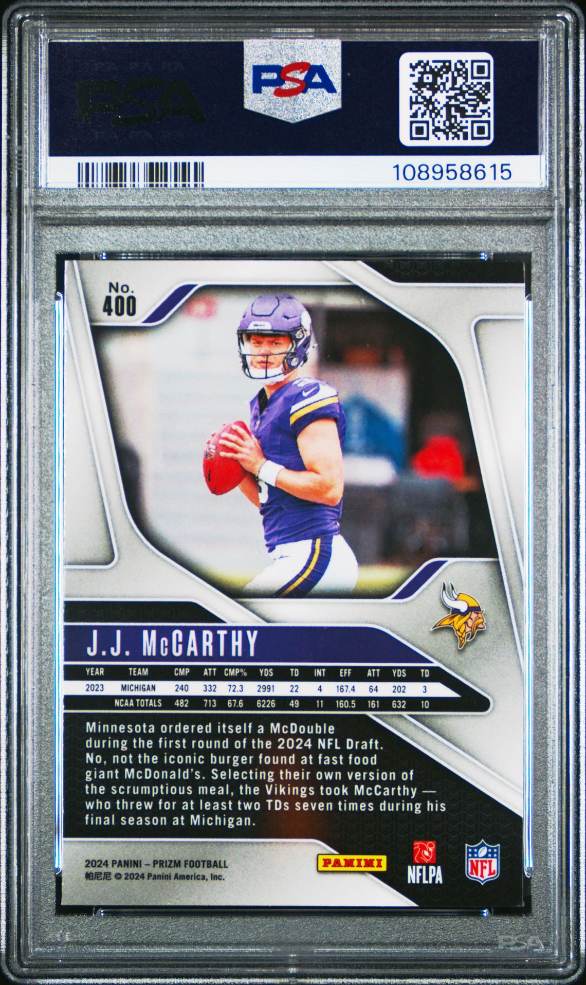 2024 Panini Prizm Jj Mccarthy #400 Gem Mt 10 back