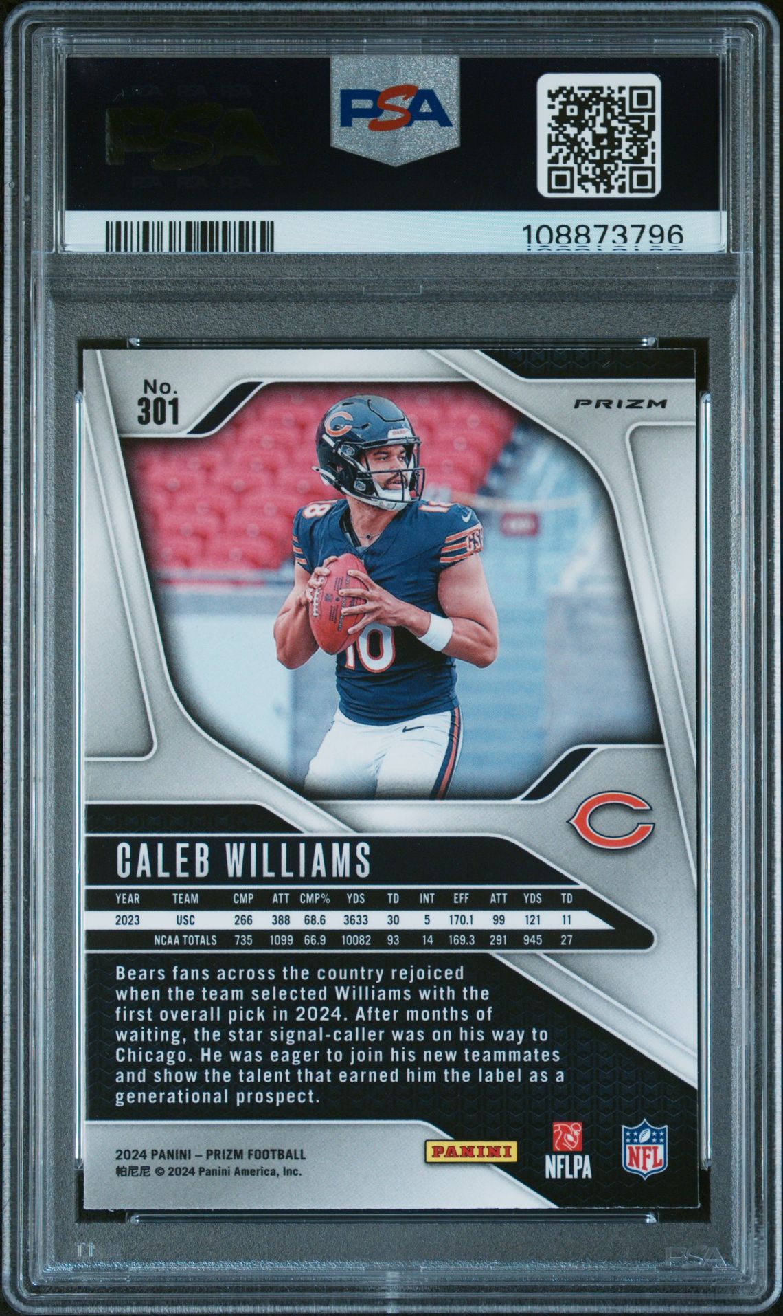 2024 Panini Prizm Caleb Williams #301 (Pink Prizm) Gem Mt 10 back