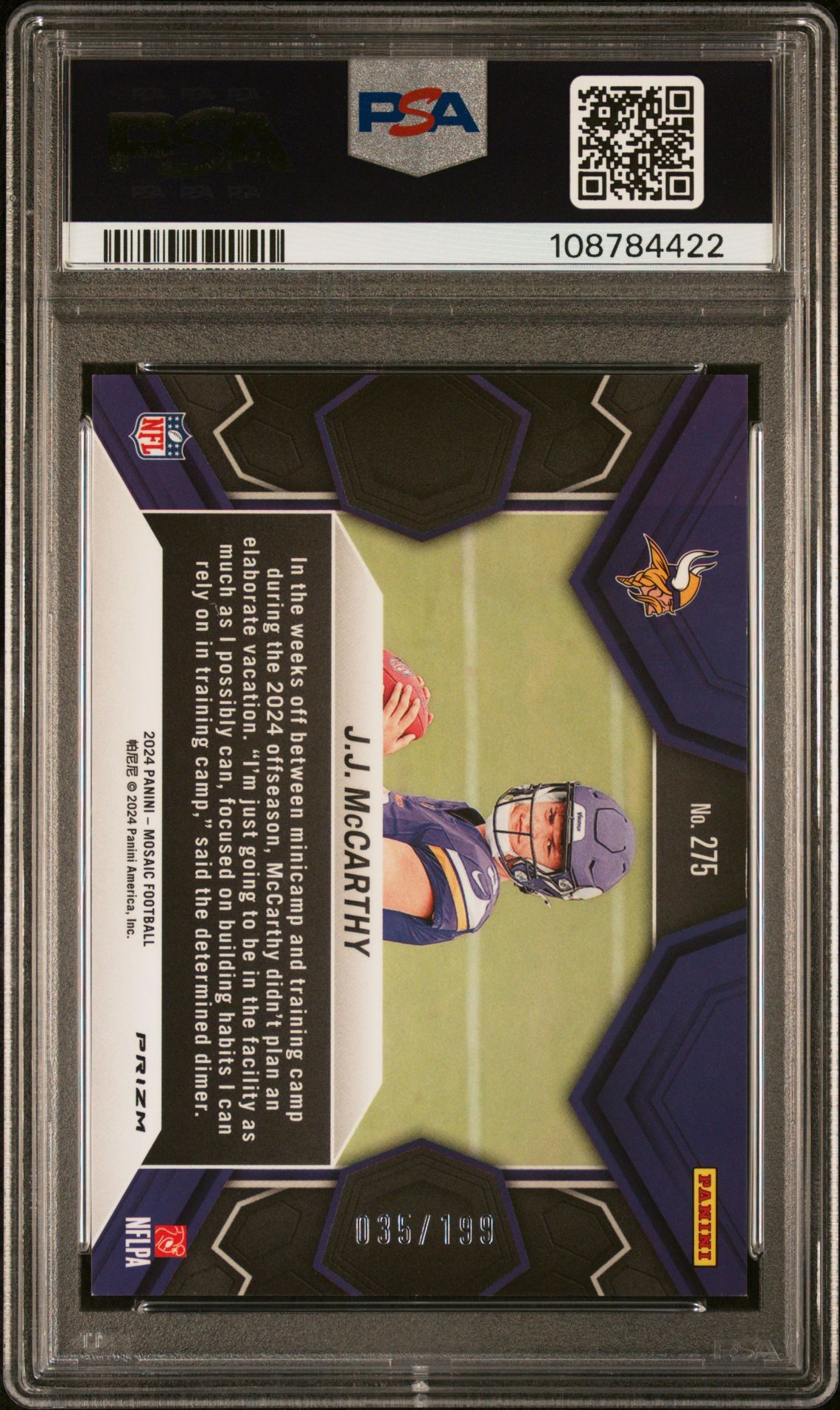 2024 Panini Mosaic Jj Mccarthy #275 (Orange) Mint 9 back