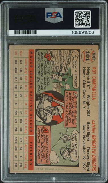 1956 Topps Roy Campanella #101 (Gray Back) Ex 5 back