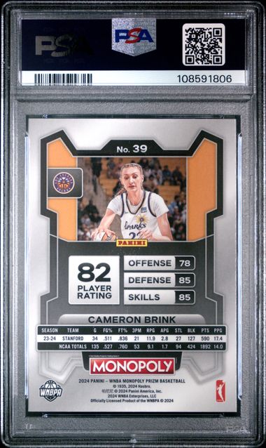 2024 Panini Prizm Monopoly Wnba Cameron Brink #39 Gem Mt 10 back
