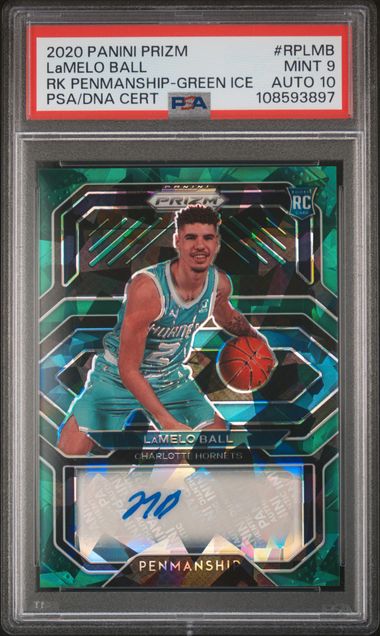 2020 Panini PANINI PRIZM ROOKIE PENMANSHIP RK PENMANSHIP-GREEN ICECertificationPrimary Signer (1 Signer)LaMELO BALL #RPLMB Lamelo Ball front