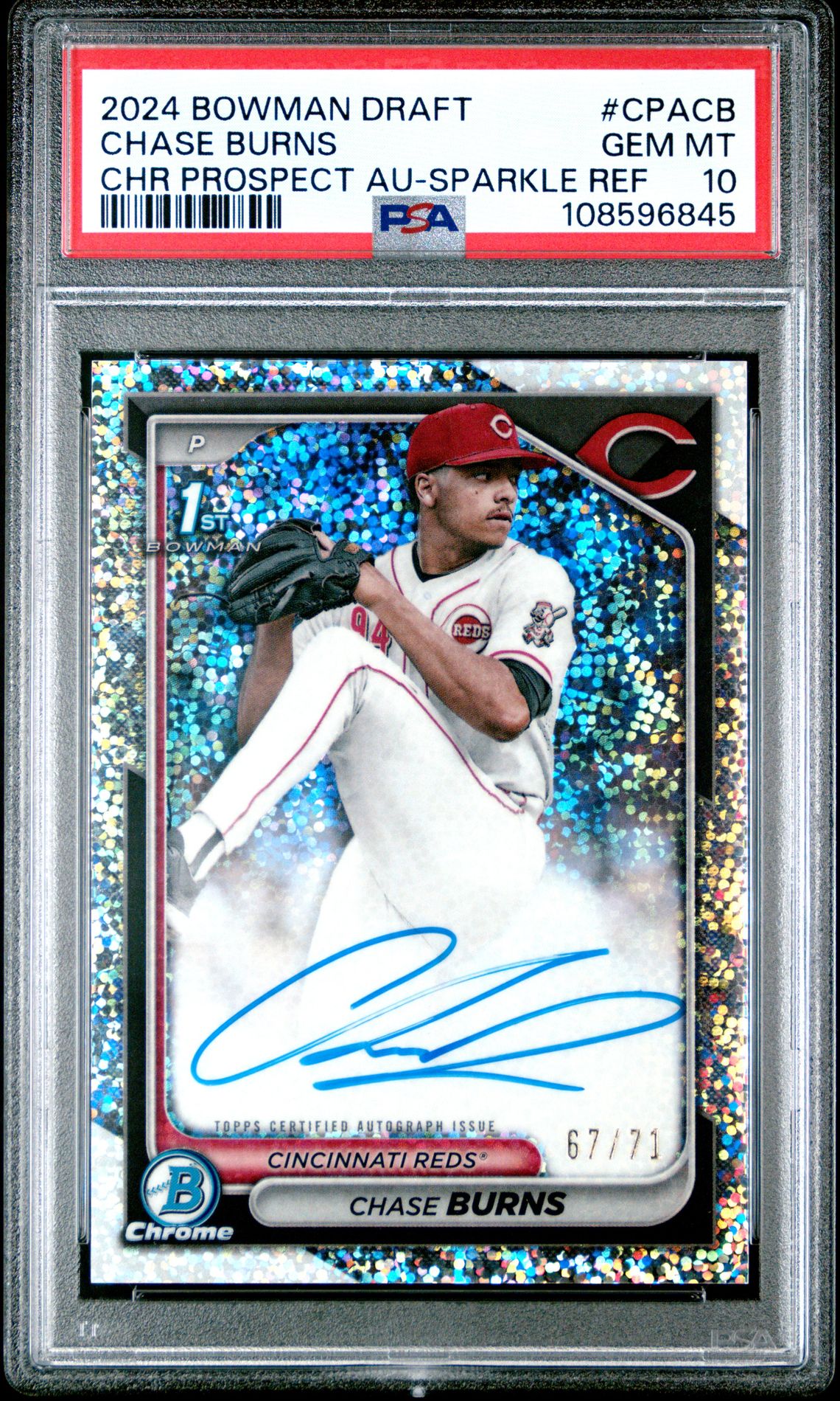 2024 Bowman BOWMAN DRAFT CHROME PROSPECT AUTOGRAPHS CHR PROSPECT AU-SPARKLE REF #CPACB Chase Burns front
