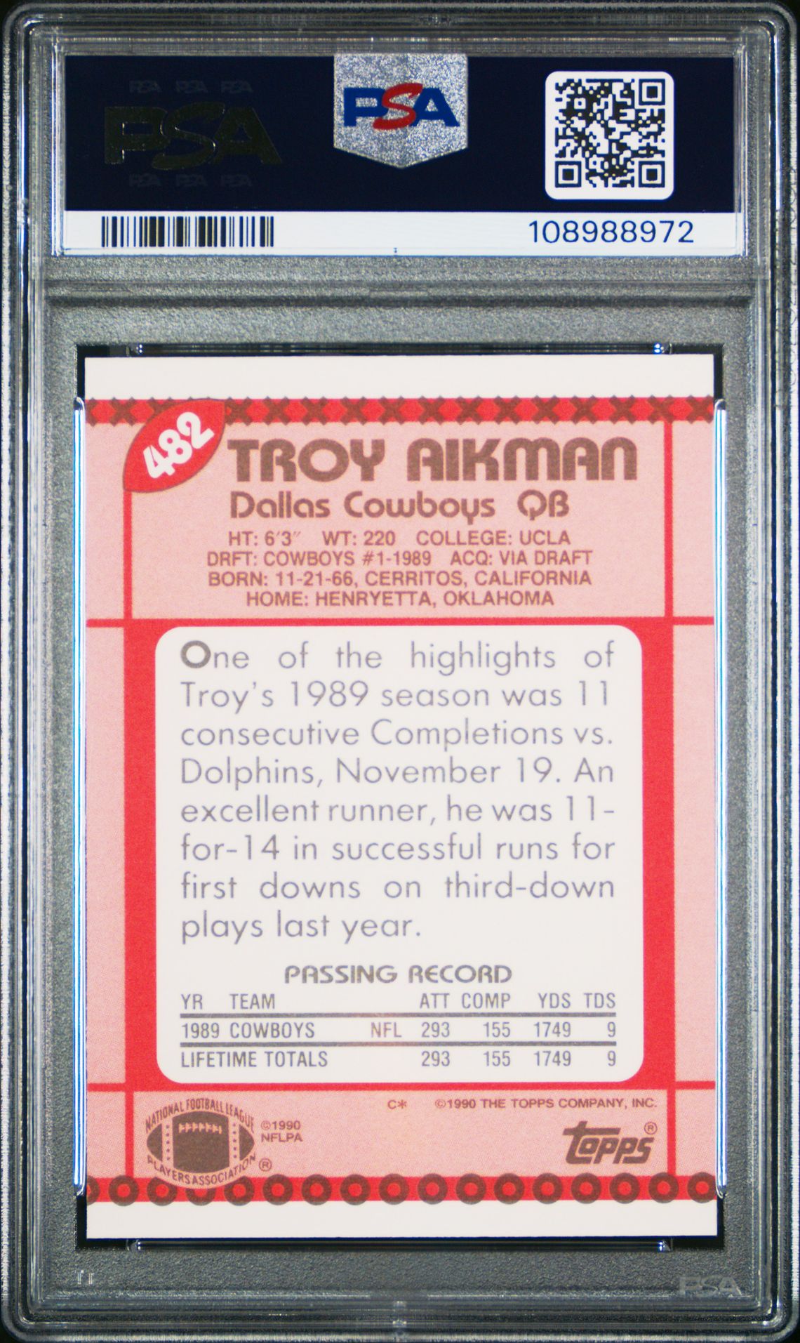 1990 Topps Tiffany Troy Aikman #482 Gem Mt 10 back view - PSA certificate #108988972