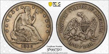 1866-S 50C No Motto VF35