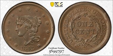 1843 1C Petite Head, Lg Letters AU58BN