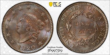 1820 1C Large Date MS64BN