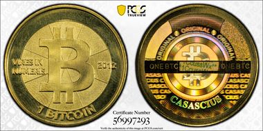 2012 1 BTC Casascius Bitcoin, Brass MS67