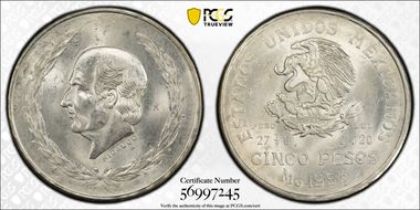 1953-Mo 5 Peso Hidalgo KM-467 Ag MS64