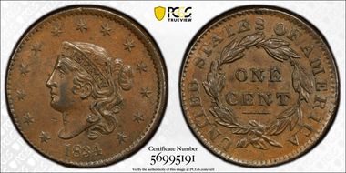 1834 1C Lg 8, Sm Stars, Med Let AU58BN