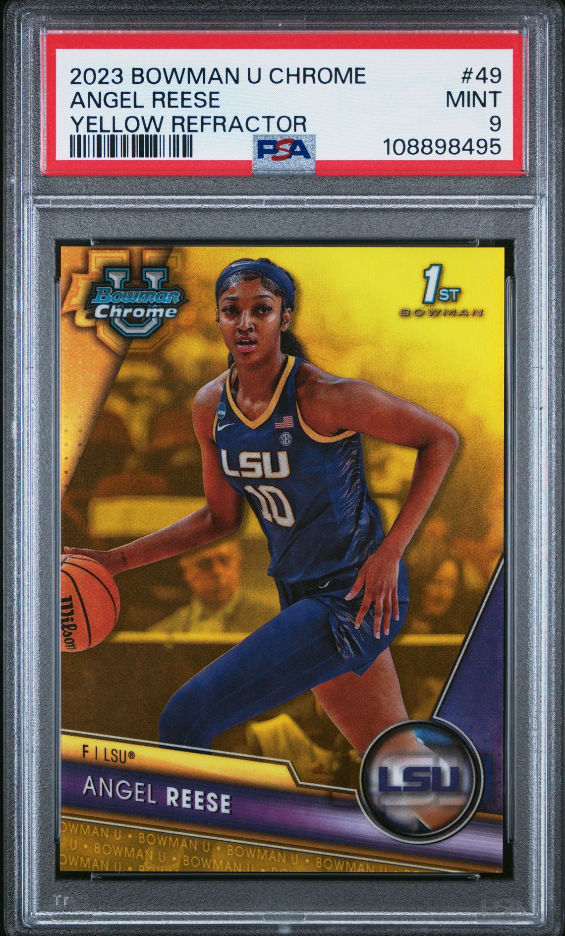 2023 Bowman University Chrome Angel Reese #49 (Yellow Refractor) Mint 9 front