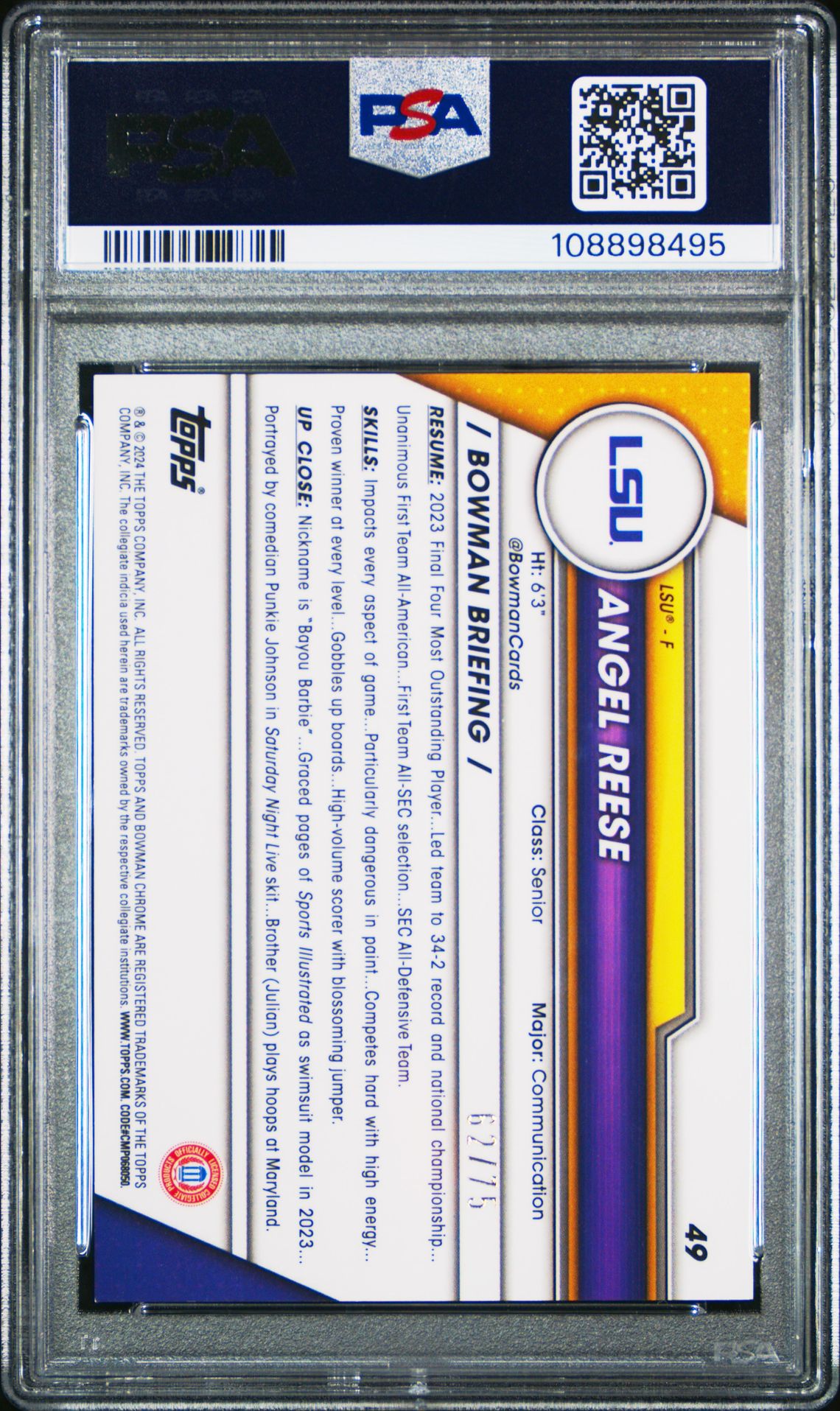 2023 Bowman University Chrome Angel Reese #49 (Yellow Refractor) Mint 9 back