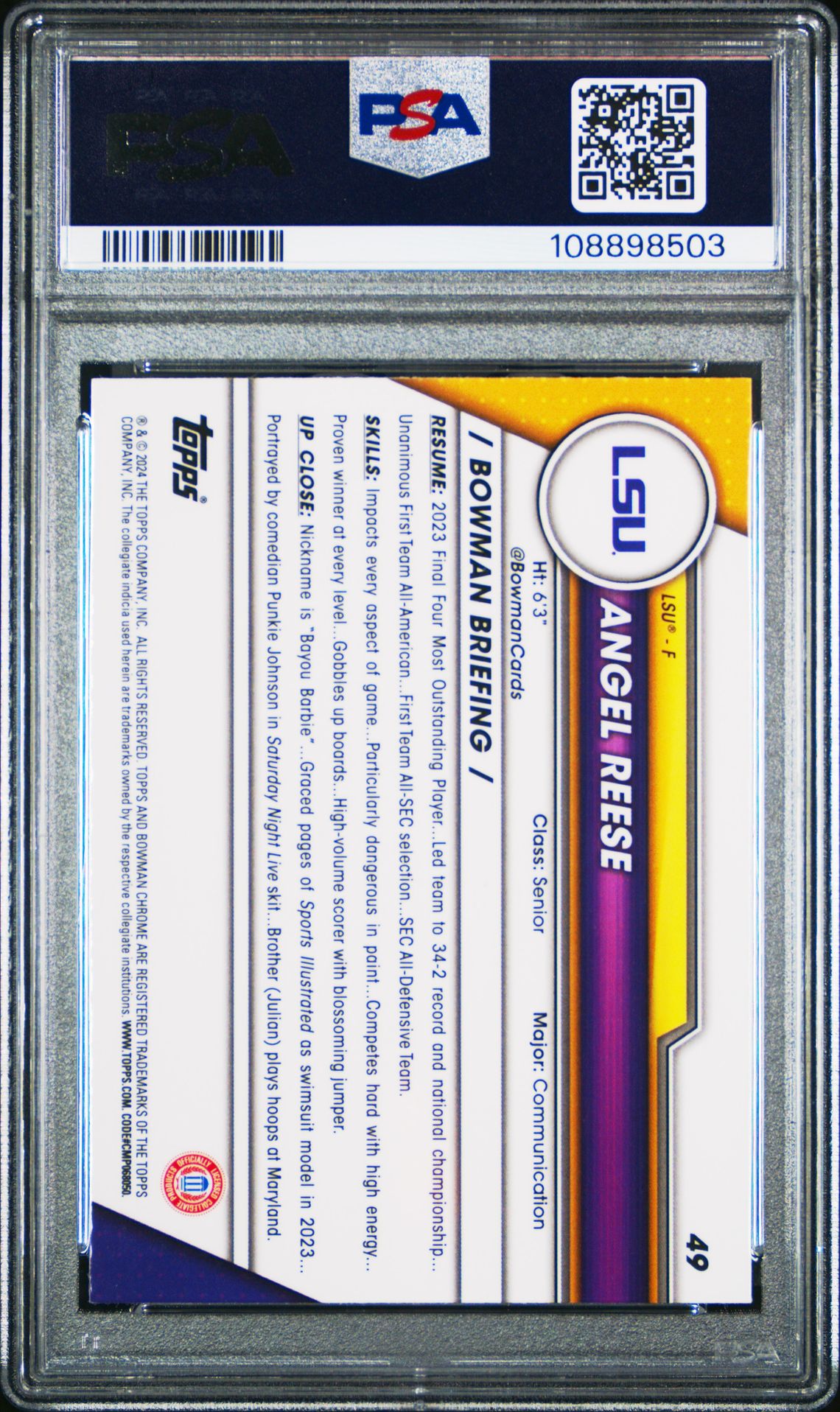 2023 Bowman University Chrome Angel Reese #49 (Sp) Gem Mt 10 back