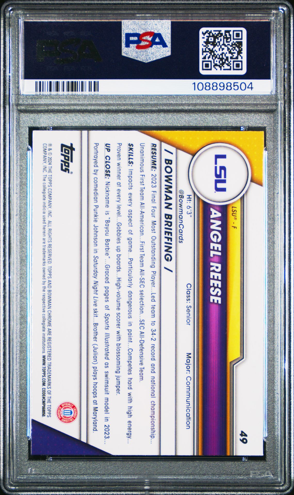 2023 Bowman University Chrome Angel Reese #49 (Sp) Gem Mt 10 back