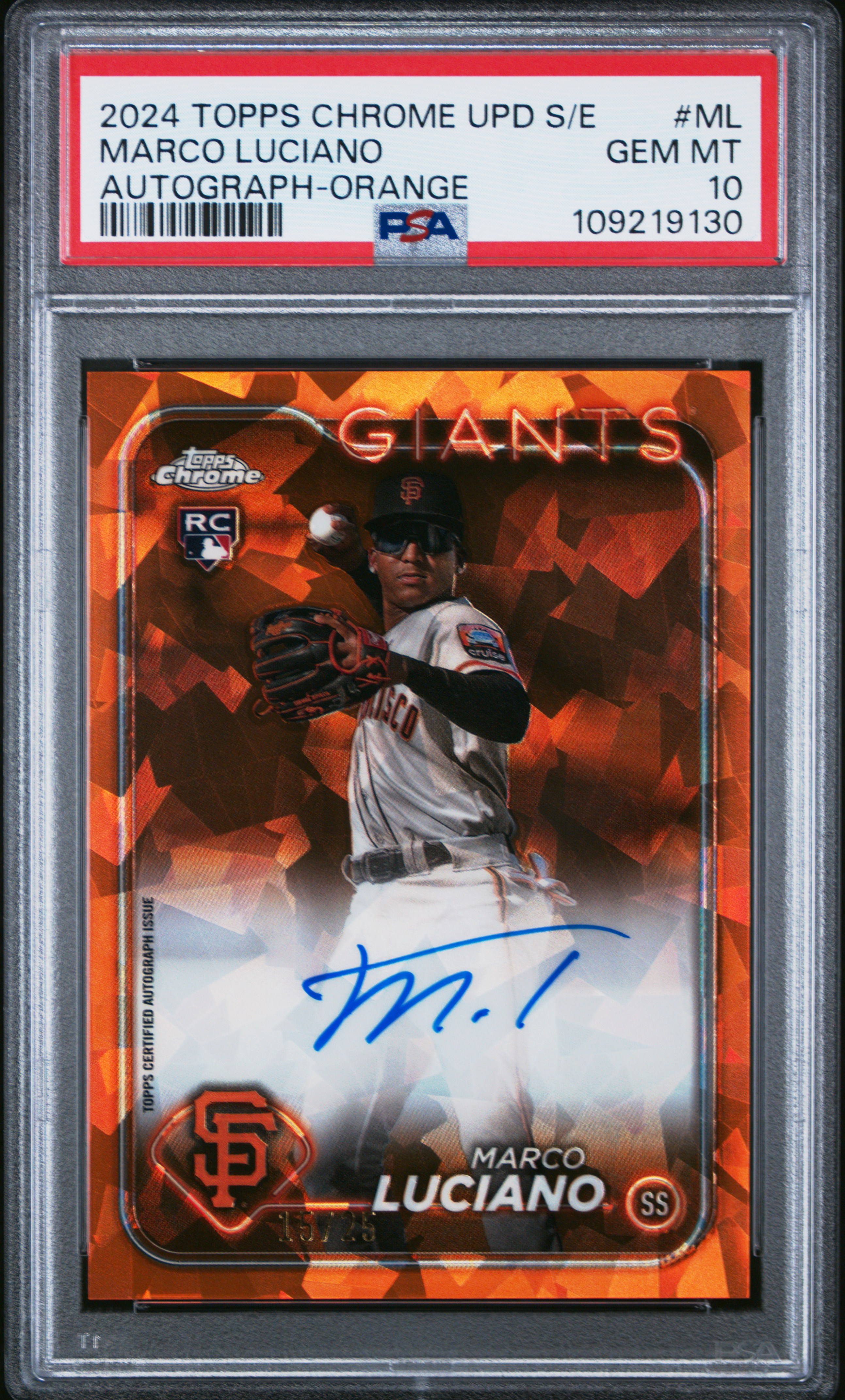 2024 Topps Chrome Sapphire Update Series Chrome Sapphire Autographs Marco Luciano Orange #ML PSA 10