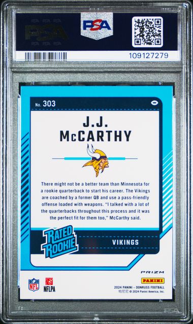 2024 Panini Donruss Jj Mccarthy #303 (Optic Preview-Pink) Gem Mt 10 back