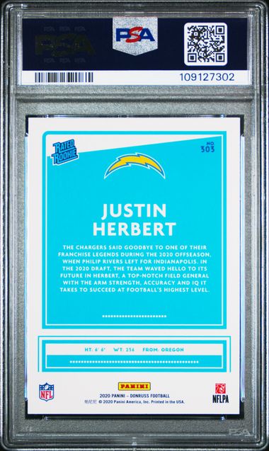 2020 Panini Donruss Justin Herbert #303 (Blue Press Proof) Gem Mt 10 back