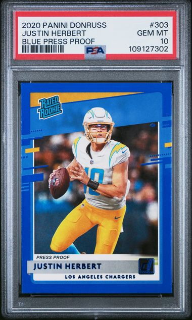 2020 Panini Donruss Justin Herbert #303 (Blue Press Proof) Gem Mt 10 front