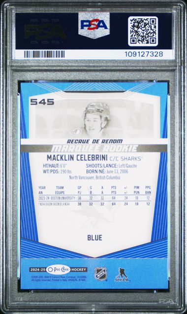 2024 Upper Deck O-Pee-Chee Macklin Celebrini #545 (Blue Border) Mint 9 back