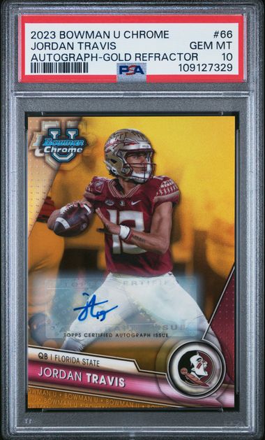 2023 Bowman University Chrome Jordan Travis #66 (Autograph-Gold Refractor) Gem Mt 10 front