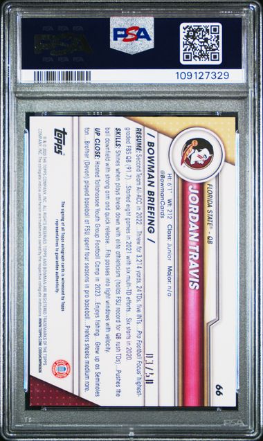 2023 Bowman University Chrome Jordan Travis #66 (Autograph-Gold Refractor) Gem Mt 10 back