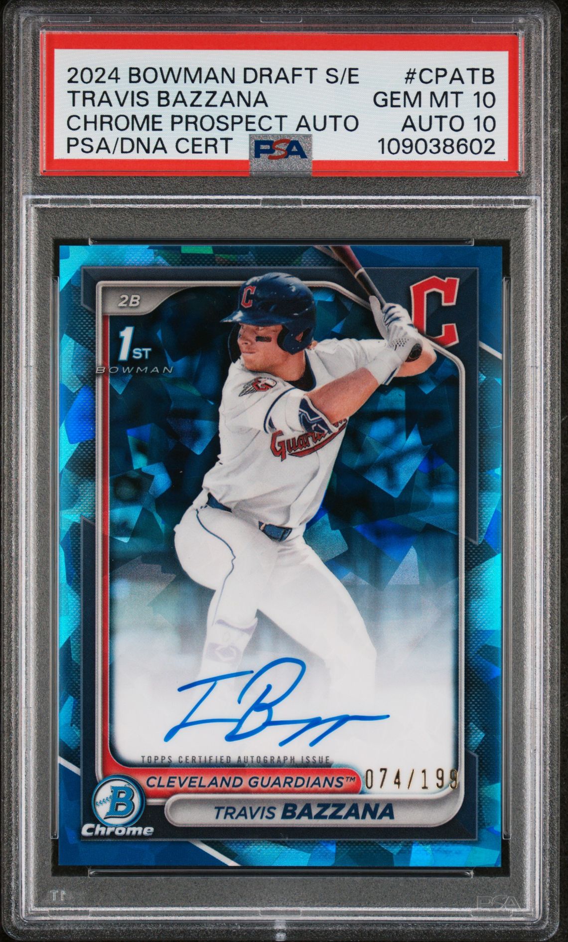 2024 Bowman Draft Sapphire Edition Chrome Sapphire Prospect Autographs Travis Bazzana #Cpatb (Chrome Prospect Auto) Gem Mt 10 front