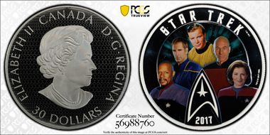 2017 $30 Star Trek - Five Captains Colorized PR70DCAM