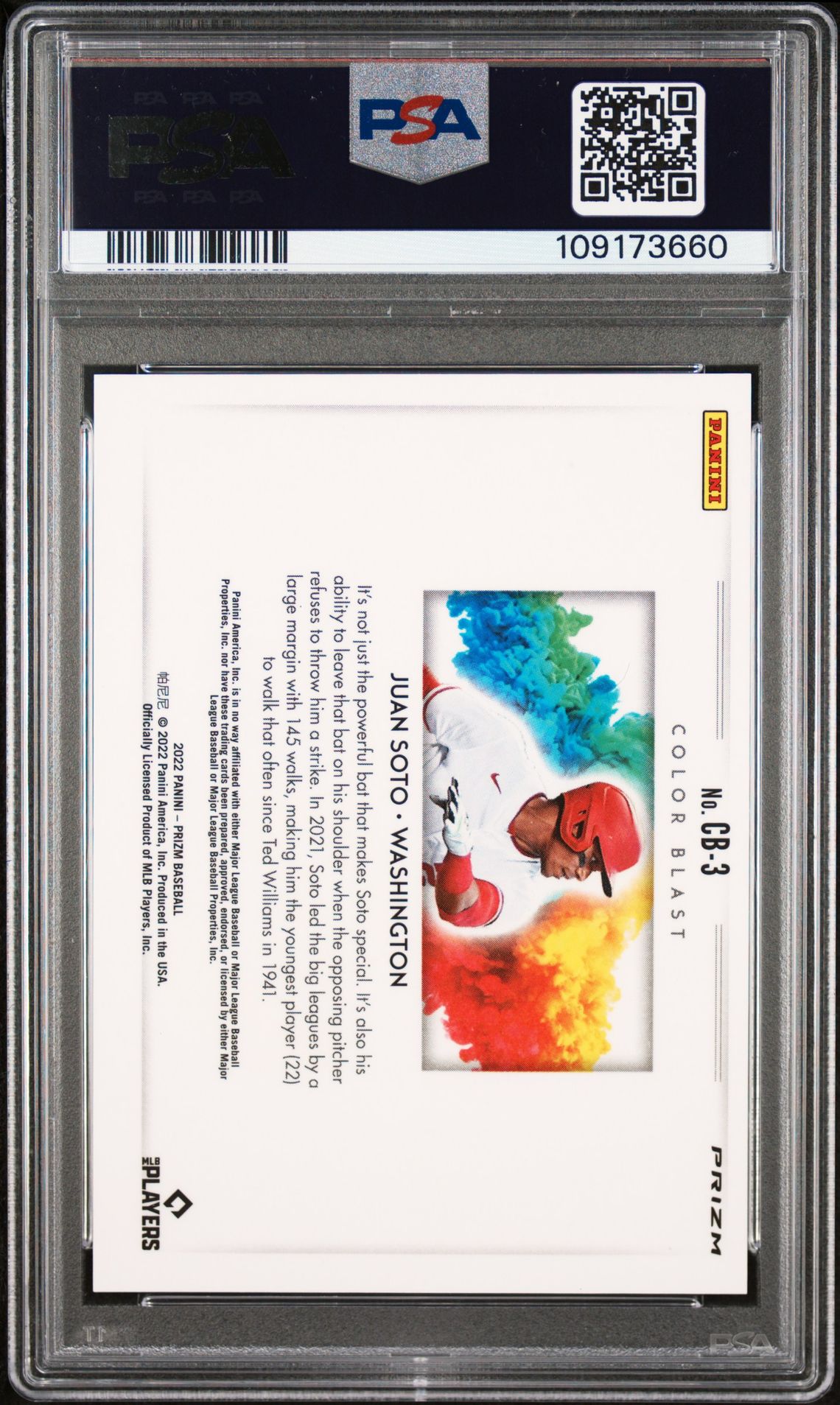 2022 Panini Prizm Color Blast Juan Soto #Cb3 (Color Blast) Mint 9 back