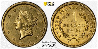 1849 G$1 Closed Wreath AU50