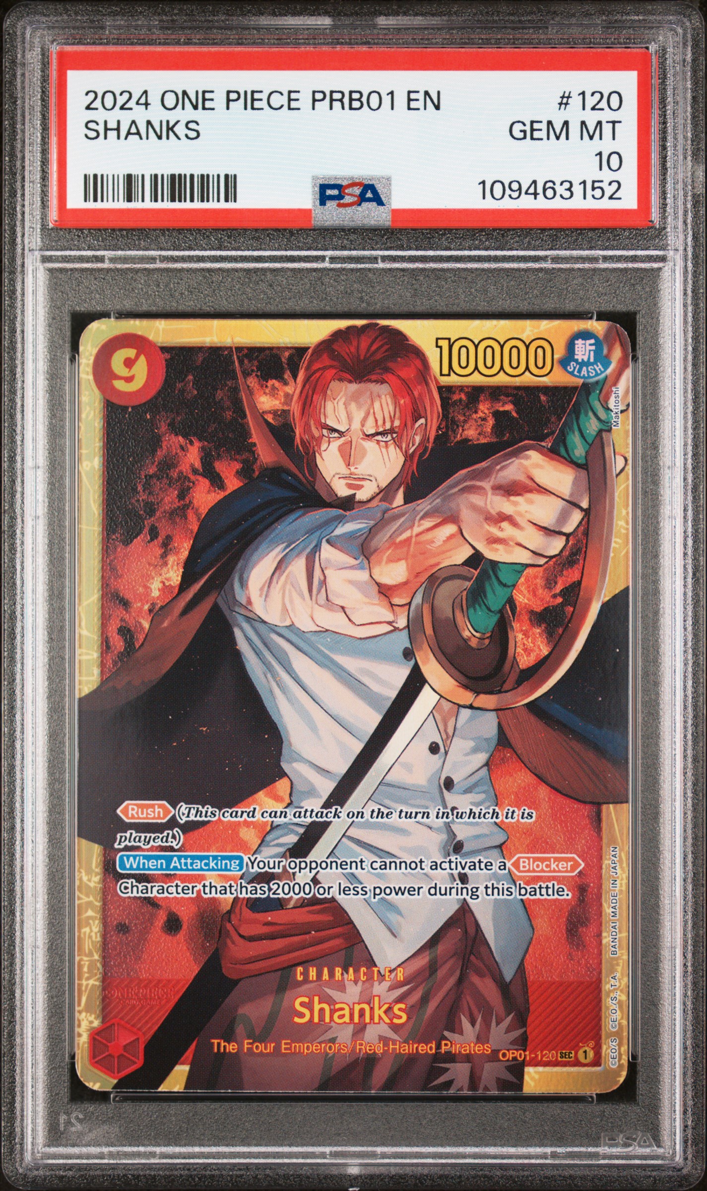 2024 #120 Shanks PSA 10 One Piece PRB01-Premium Booster -One Piece Card the Best-