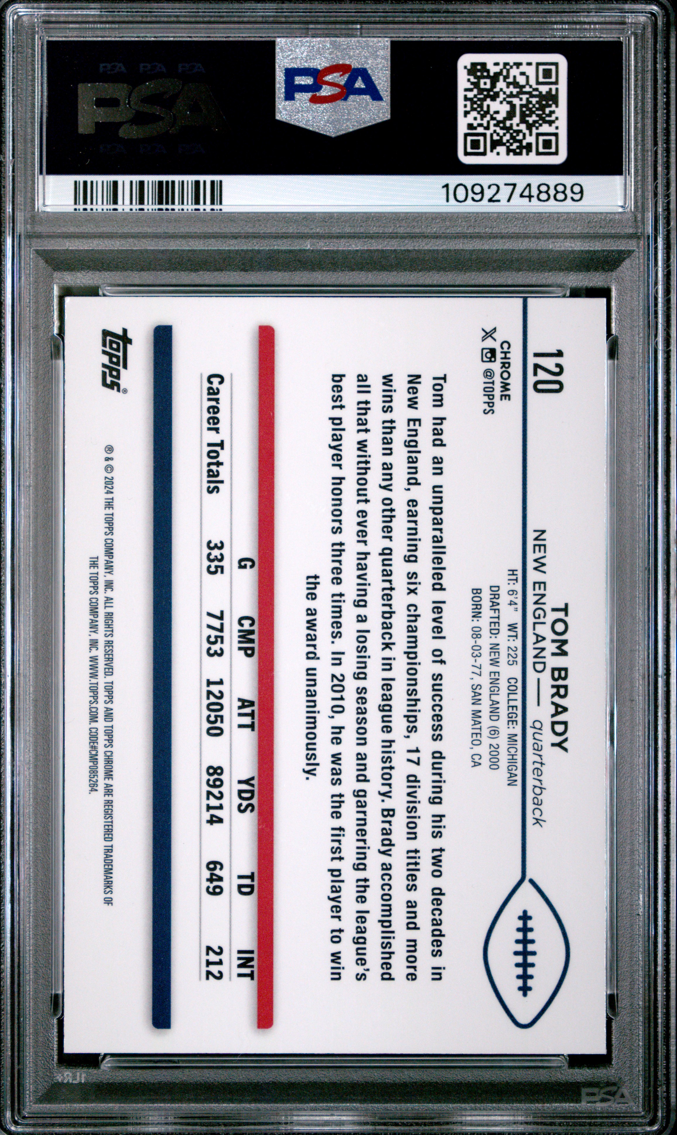 evan9's 2024 Topps Chrome Tom Brady Purple Speckle #120 PSA 9
