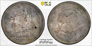 1876-S T$1 Type-II/II, Chopmarked MS63