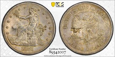 1876-S T$1 Type-I/I, Chopmarked MS63