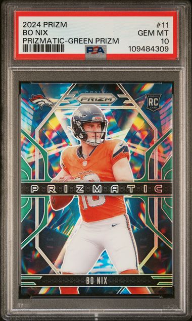 2024 Panini Prizm Prizmatic Bo Nix #11 (Prizmatic-Green Prizm) Gem Mt 10 front