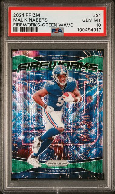 2024 Panini Prizm Fireworks Malik Nabers #21 (Fireworks-Green Wave) Gem Mt 10 front