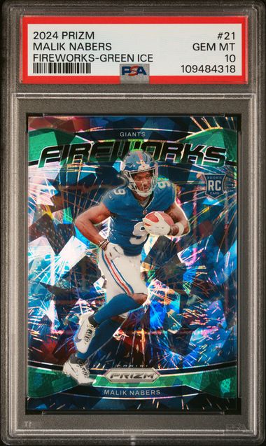 2024 Panini Prizm Fireworks Malik Nabers #21 (Fireworks-Green Ice) Gem Mt 10 front