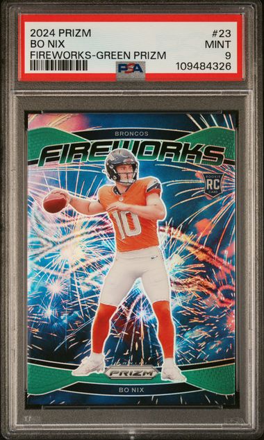2024 Panini Prizm Fireworks Bo Nix #23 (Fireworks-Green Prizm) Mint 9 front