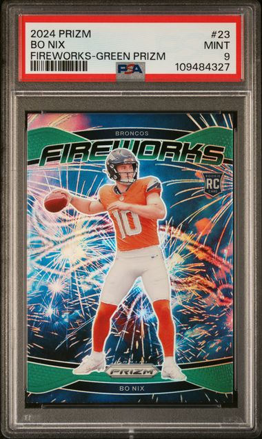 2024 Panini Prizm Fireworks Bo Nix #23 (Fireworks-Green Prizm) Mint 9 front