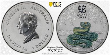 2025-P $1 Year of the Snake Ag Green Colorized MS70