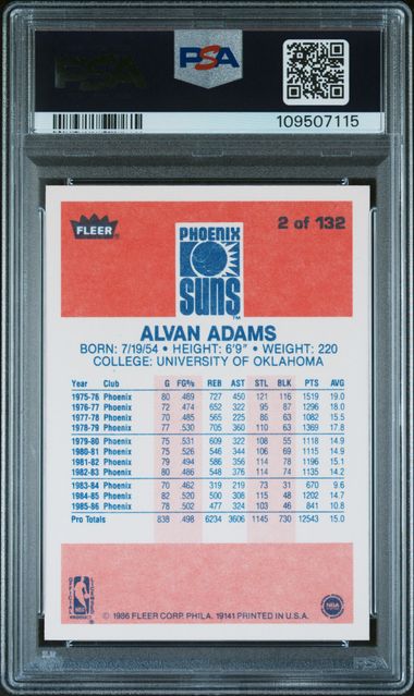 1986 Fleer Alvan Adams #2 Nm-Mt 8 back