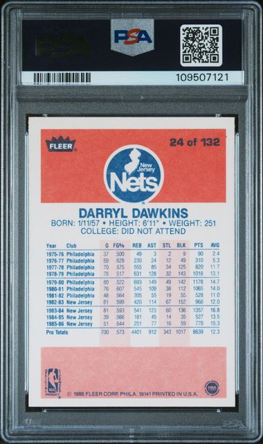 1986 Fleer Darryl Dawkins #24 Nm 7 back