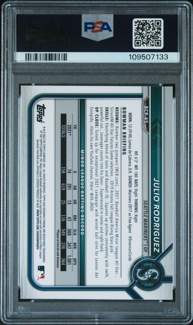 2022 Bowman Mega Box Chrome Julio Rodriguez #45 (Chrome-Pink Refractor) Mint 9 back