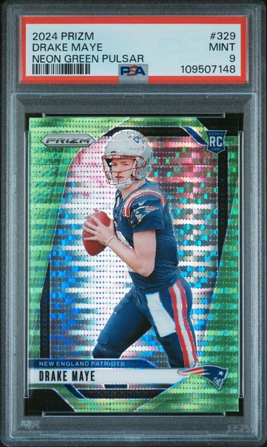 2024 Panini Prizm Drake Maye #329 (Neon Green Pulsar) Mint 9 front